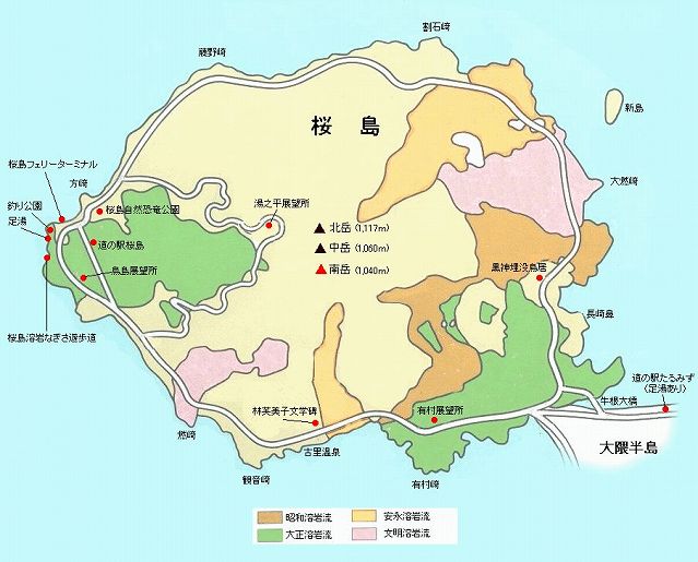 桜島観光マップ　桜島全体　クリックすると拡大します。